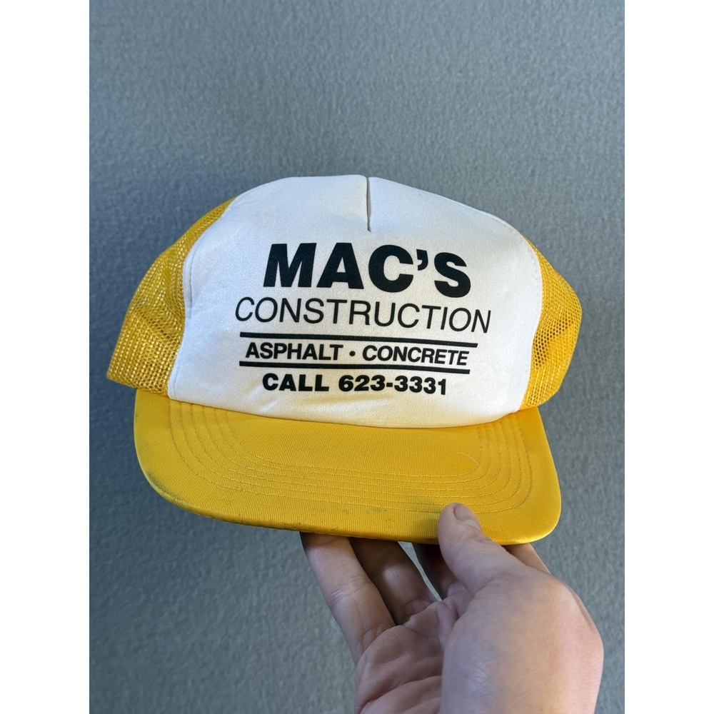 Vintage Mac's Construction Hat Cap Snap Back Mens One Size Yellow Mesh Trucker